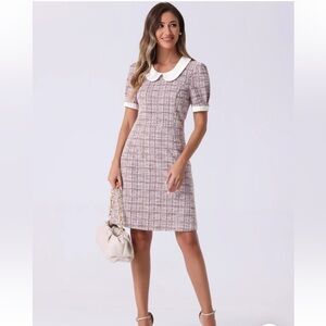 Allegra K Pink Tweed Peter Pan Puff Sleeve A-Line Mini Dress, Size Large – EUC